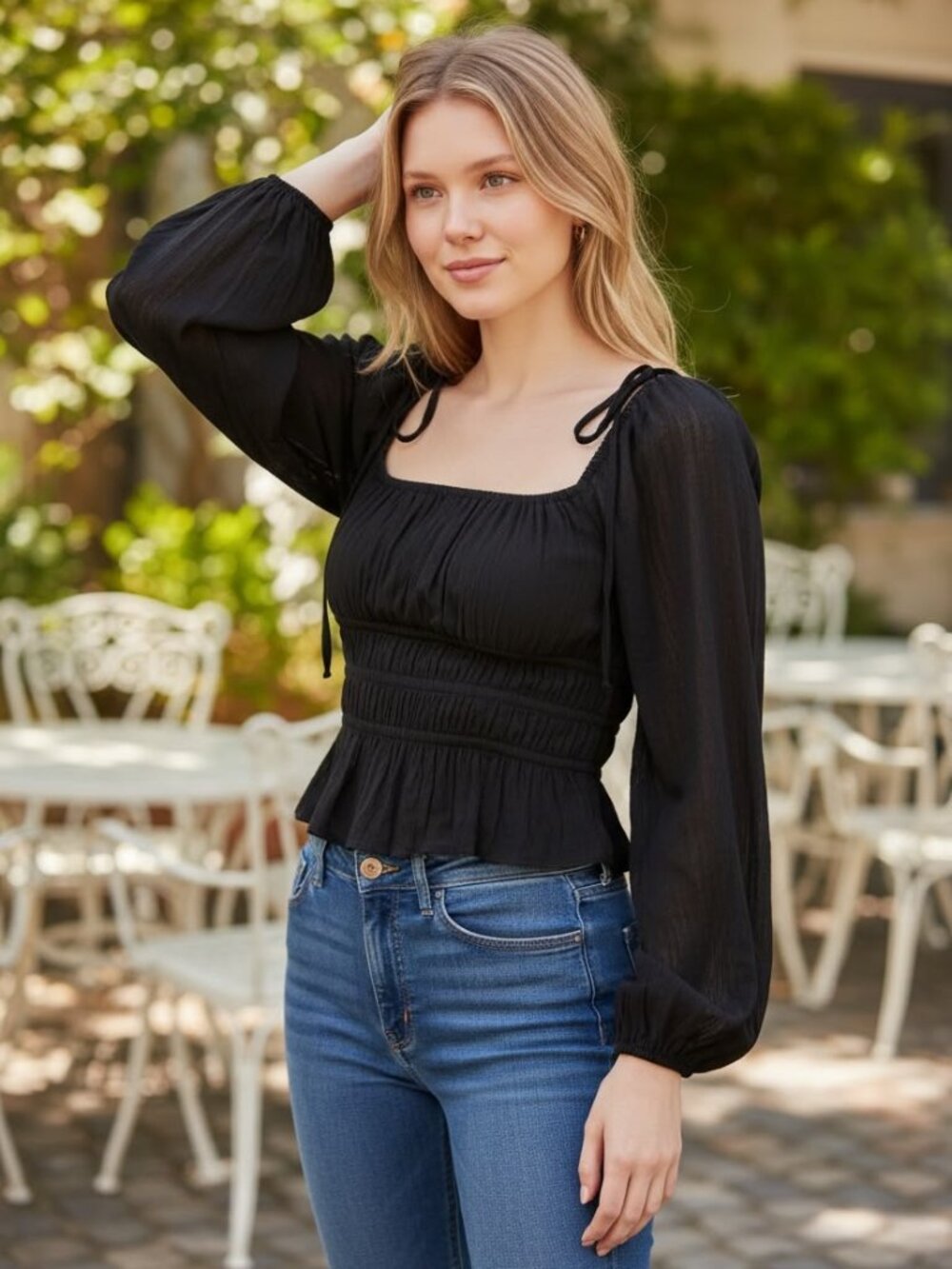 Free People Women's Black Smocked Peplum Top - Size XS